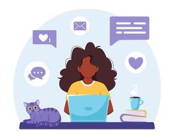 donna nera che lavora al computer portatile. freelance, studio online, concetto di lavoro a distanza. illustrazione vettoriale