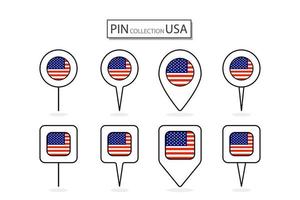 impostato di piatto perno unito stato di America bandiera icona nel diverso forme piatto perno icona illustrazione design. vettore