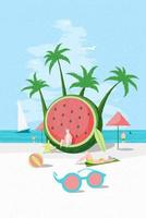 cartone animato colore personaggi persone e spiaggia vacanze concetto manifesto carta con anguria e occhiali da sole piatto design stile. vettore illustrazione