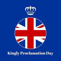 vacanza saluto carta con Britannico bandiera il giro distintivo, piatto reale corona e testo regale proclamazione giorno su blu sfondo. ideale per festeggiare un' speciale occasione nel il Britannico monarchia. vettore. vettore