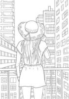 mano disegno colorazione per bambini e adulti. colorazione libro immagine con bellissimo ragazza, città edifici, strada. bellissimo disegni con modelli e piccolo particolari. vettore