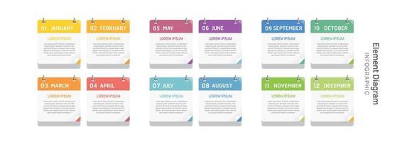 ordine del giorno Infografica modello per attività commerciale. 12 mesi moderno sequenza temporale elemento diagramma calendario, 4 trimestre passaggi pietra miliare presentazione vettore infografica.