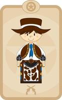 carino cartone animato selvaggio ovest pistolero cowboy sceriffo nel poncho con sei tiratore pistole vettore