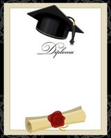 sfondo con la laurea berretto e papiro certificato. d'oro nero design per la laurea diploma, premi. formazione scolastica concetto.vettore vettore