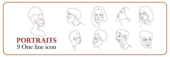 uno linea ritratti vettore impostare. lineare ritratto umano viso disegnato nel uno continuo linea. minimo lineare vettore logo design monocolo negozio, visione Salute clinica, maschio femmina stilista parrucchiere.