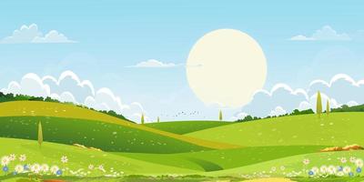 primavera verde i campi paesaggio con sole al di sopra di montagna, blu cielo e nuvole sfondo, panorama rurale naturale nel primavera con verde erba terra. cartone animato vettore illustrazione per primavera e estate bandiera