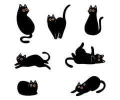 impostato di nero gatti divertente pose. pigro gattini clipart illustrazione. semplice mano disegnato design. vettore