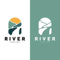 fiume logo, stella filante vettore, fiume banca, montagne e azienda agricola disegno, illustrazione simbolo icona vettore