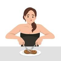giovane donna godere mangiare bistecca nel il piatto Tenere coltello e forchetta come lei è pronto per mangiare. vettore