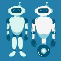 alieno robot, futuro tecnologia cartone animato personaggi. robotica vita le forme, futuristico macchine o cyborg lavoratori con artificiale intelligenza, artigli su mani e raggiante neon occhi vettore, vettore