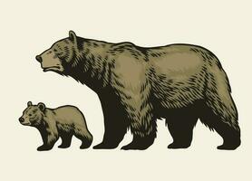 mano disegnato grizzly orso e sua cucciolo vettore
