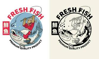 cartone animato di Giappone pescatore pesca il salmone pesce vettore