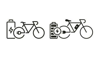 bicicletta con eco rinnovabile accumulatore linea e silhouette icona impostare. elettrico bicicletta e caricare batteria. verde energia trasporto simbolo collezione su bianca sfondo. isolato vettore illustrazione.