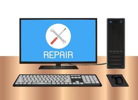 computer desktop con logo di riparazione sullo schermo vettore