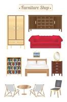 negozio di mobili in legno a bordo con divano, libreria, scrivania, sedia, armadio e letto vettore