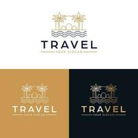viaggio vettore logo design. villa con palme e oceano logotipo. tropicale logo modello.