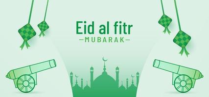 eid al fitr banner sfondo con cannone e moschea vettore