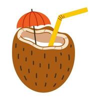 vettore Noce di cocco con cannuccia e ombrello nel piatto design. esotico Noce di cocco cocktail. estate bevanda nel Noce di cocco.