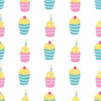 cupcakes, muffin con panna e frutti di bosco su uno sfondo bianco. Vector seamless pattern in uno stile piatto