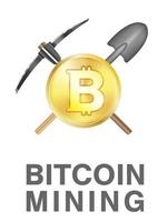 logo di data mining bitcoin con bitcoin dorato su piccone e pala vettore