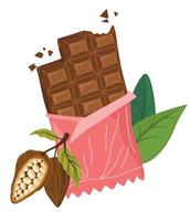 cioccolato bar e cacao fagioli, le foglie. mondo cioccolato giorno. ideale per stampa, prodotti, cartoline. cartone animato vettore illustrazione isolato su il bianca sfondo.