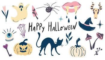 Halloween elementi collezione. zucche, teschi, gatto, ragno, serpente, fantasma. ideale per cartoline, stampe, stampe, inviti e adesivi. cartone animato mano disegnare vettore illustrazione.