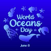 Giornata mondiale degli oceani 8 giugno. salvare il nostro oceano. grandi balene e pesci stavano nuotando sott'acqua con un bellissimo sfondo di coralli e alghe illustrazione vettoriale. vettore