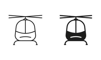 elicottero linea e silhouette nero icona impostare. aviazione trasporto pittogramma. militare Copter schema e solido simbolo collezione su bianca sfondo. elicottero cartello. isolato vettore illustrazione.