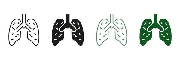 polmonite, asma, virale patologia. polmonite polmoni cartello. infiammatorio condizione di polmoni simbolo collezione. umano interno organo linea e silhouette icona impostare. isolato vettore illustrazione.