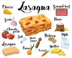 un' cucina manifesto con un' Lasagna ricetta. vettore illustrazione su un' bianca sfondo.