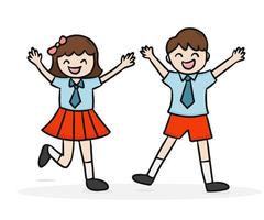 Due contento bambini, ragazzo e ragazza alunno nel elementare scuola uniforme. indietro per scuola concetto. vettore