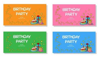 vettore illustrazione impostato di un inviti per un' compleanno festa - torta e i regali con un' ghirlanda di stelle su arancia, rosa, verde e blu sfondi