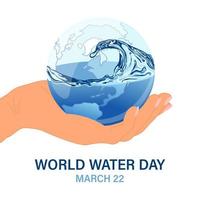 mondo acqua giorno, 3d pianeta con acqua spruzzo nel umano mano. ecologico concetto. striscione, manifesto, cartolina, vettore