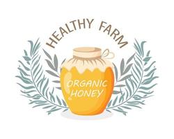 bicchiere vaso di miele su il sfondo di foglie, salutare azienda agricola. biologico Miele. vettore illustrazione, icona, logo