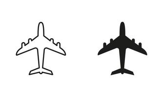 aereo linea e silhouette nero icona impostare. aviazione Jet, aria aereo pittogramma. viaggio turismo di aereo schema e solido simbolo collezione su bianca sfondo. isolato vettore illustrazione.