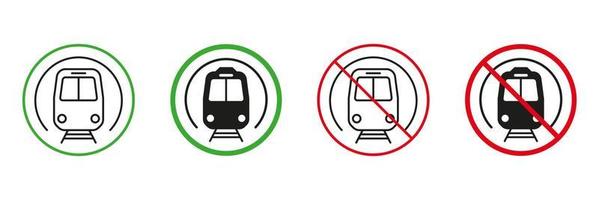 la metropolitana rosso e verde strada avvertimento segni. pubblico metropolitana, metropolitana stazione. ferrovia mezzi di trasporto permesso e non permesso segni. treno linea e silhouette icone impostare. isolato vettore illustrazione.