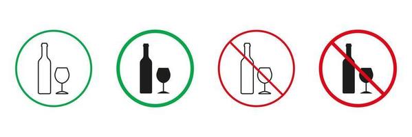 bevanda alcool zona rosso e verde avvertimento segni. vino bottiglia e bicchiere linea e silhouette icone impostare. permesso e Proibito la zona per bevanda alcool pittogramma. isolato vettore illustrazione.