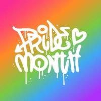 orgoglio mese - spruzzato lettering tipografia bandiera con urbano graffiti testo e lgbt arcobaleno orgoglio bandiera colori su sfondo. piazza bandiera illustrazione nel strada ast grunge stile vettore