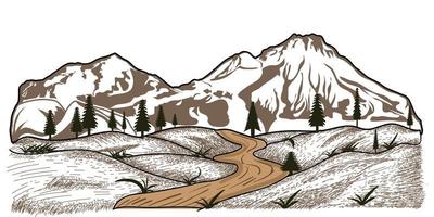 campeggio illustrazione, montagna paesaggio, schizzo stile per all'aperto avventura illustrazione vettore