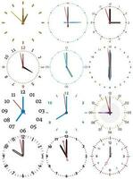 un' impostato di diverso meccanico orologi con un Immagine di ogni di il dodici ore. orologio viso su bianca sfondo. vettore