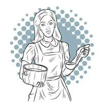 illustrazione di un' femmina nel un' fornello costume trasporto alcuni cucina Strumenti. illustrazione di donna capocuoco nel posa con alcuni cucina merce. vettore
