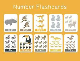 carino numero flashcard con animali impostare. inglese conteggio 1 per dieci. vettore illustrazione.