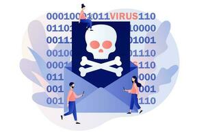 computer virus concetto. minuscolo persone Aperto grande Busta con cranio. pirata attacco e ragnatela sicurezza. truffa mettere in guardia. spam, maligno applicazione. moderno piatto cartone animato stile. vettore illustrazione