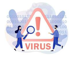 computer virus concetto. minuscolo persone e truffa mettere in guardia. pirata attacco e ragnatela sicurezza. spam, maligno applicazione. moderno piatto cartone animato stile. vettore illustrazione su bianca sfondo