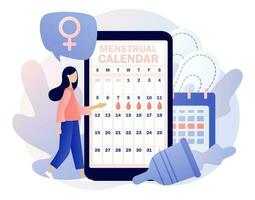 mestruazione periodo. minuscolo ragazza con smatrphone App mensile calendario, mestruale tazza, tampone e compresse. mestruale protezione e femminile igiene. moderno piatto cartone animato stile. vettore illustrazione