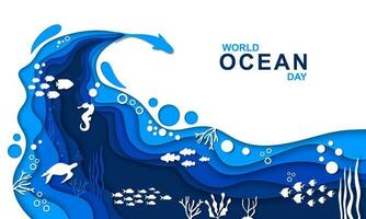 subacqueo manifesto mondo oceano giorno modello. carta tagliare subacqueo mare sfondo vettore. vettore