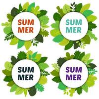 impostato di quattro etichette con verde estate le foglie sotto bianca turni e iscrizione estate. vettore carta con verde le foglie isolato su bianca sfondo