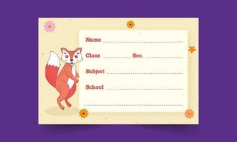 cartone animato Volpe animale con fiore decorativo taccuino etichetta o nome etichetta su viola sfondo. vettore