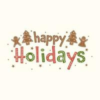colorato contento vacanze testo con Pan di zenzero umano, Natale albero biscotti e stelle decorato su bianca sfondo. vettore