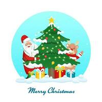 allegro Natale saluto carta con carino Santa Claus Tenere decorativo natale albero, cartone animato renna, regalo scatole su ciano e bianca sfondo. vettore